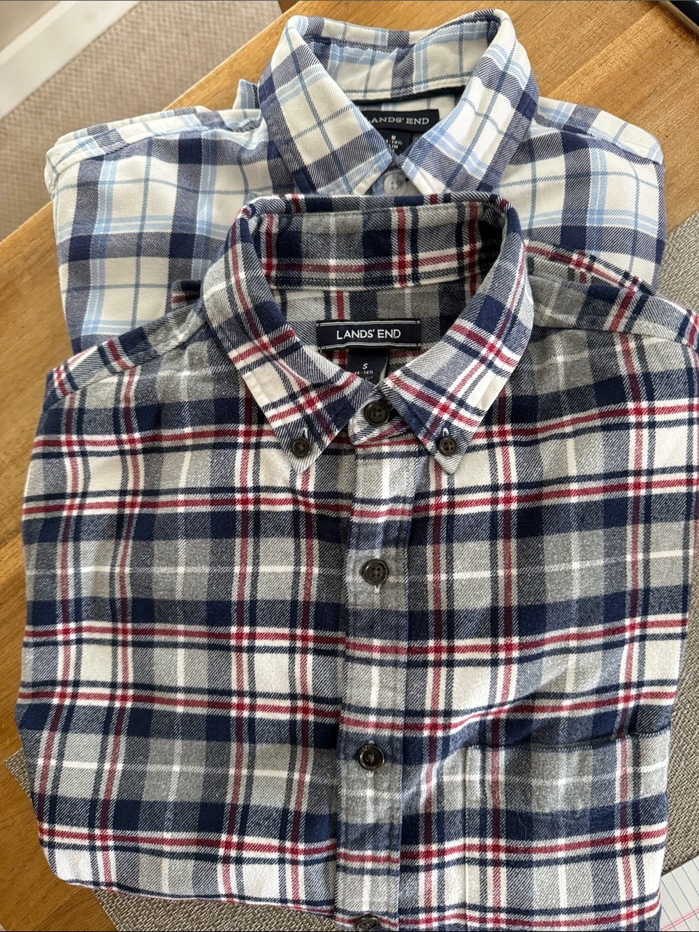 TWO (2) Lands' End Men’s Plaid Button-Down Shirts flannel. SMALL SLIM